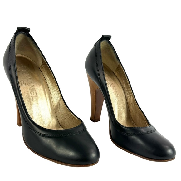 CHANEL Interlocking CC Black Leather Vintage Heeled Pumps Made in Italy 36-6US - Picture 5 of 16